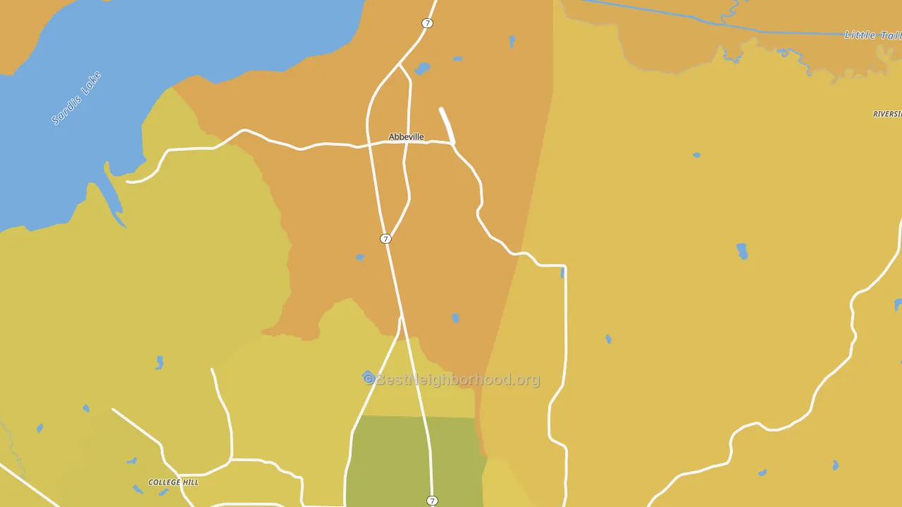 Map of the best neighborhoods in the 38601 area, with better matches in green and worse matches in red