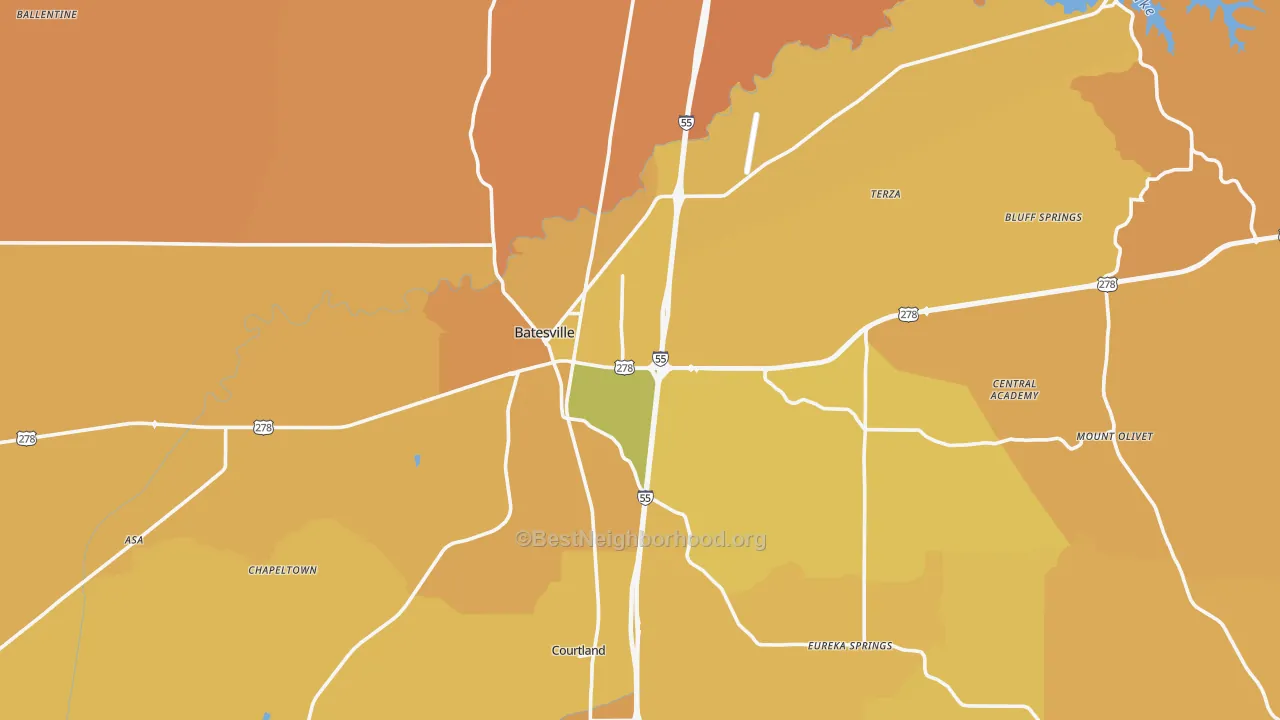 Map of the best neighborhoods in the 38606 area, with better matches in green and worse matches in red