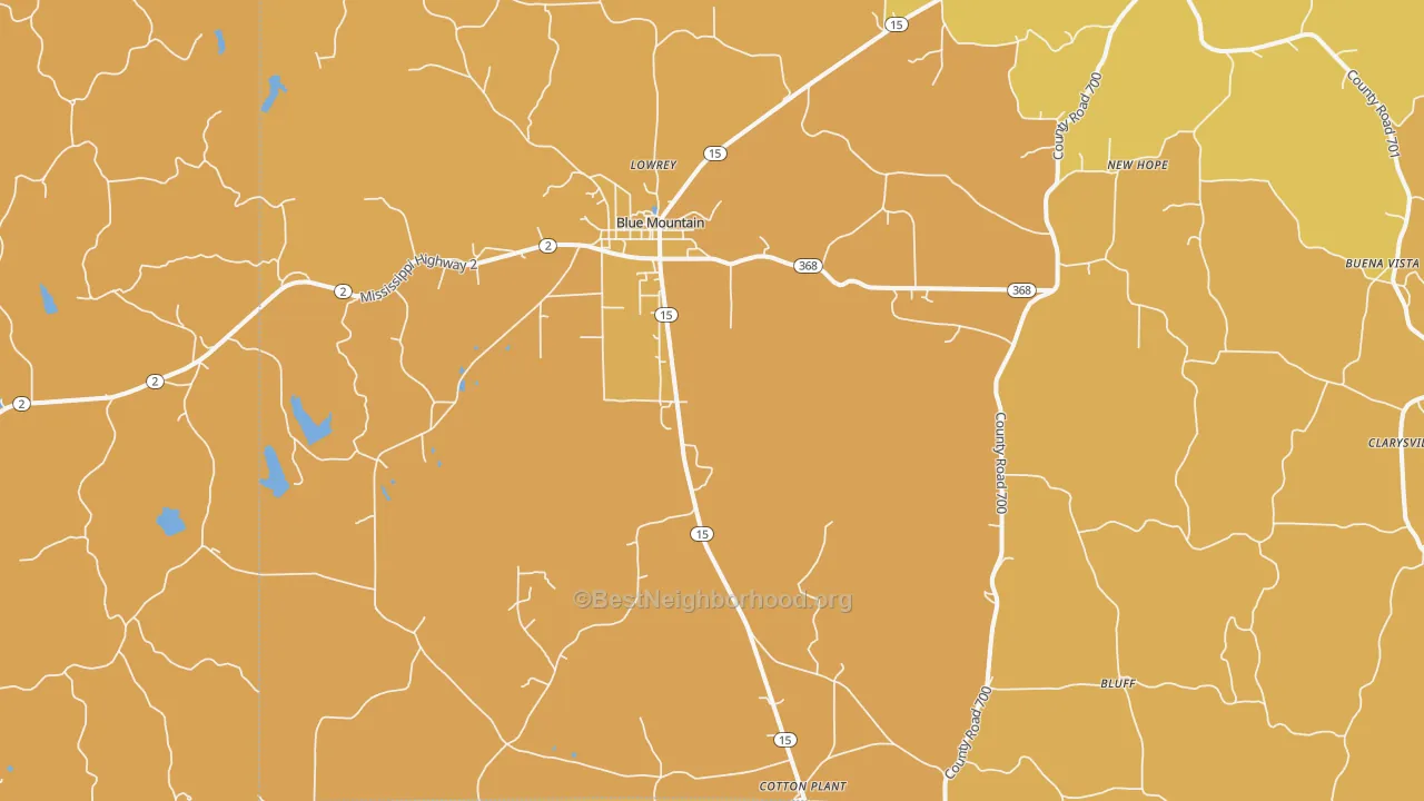 Map of the best neighborhoods in the 38610 area, with better matches in green and worse matches in red