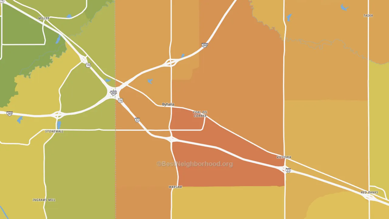 Map of the best neighborhoods in the 38611 area, with better matches in green and worse matches in red
