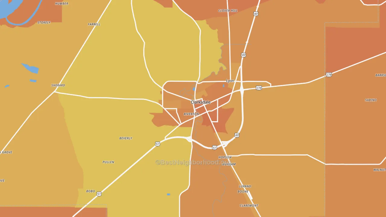 Map of the best neighborhoods in the 38614 area, with better matches in green and worse matches in red