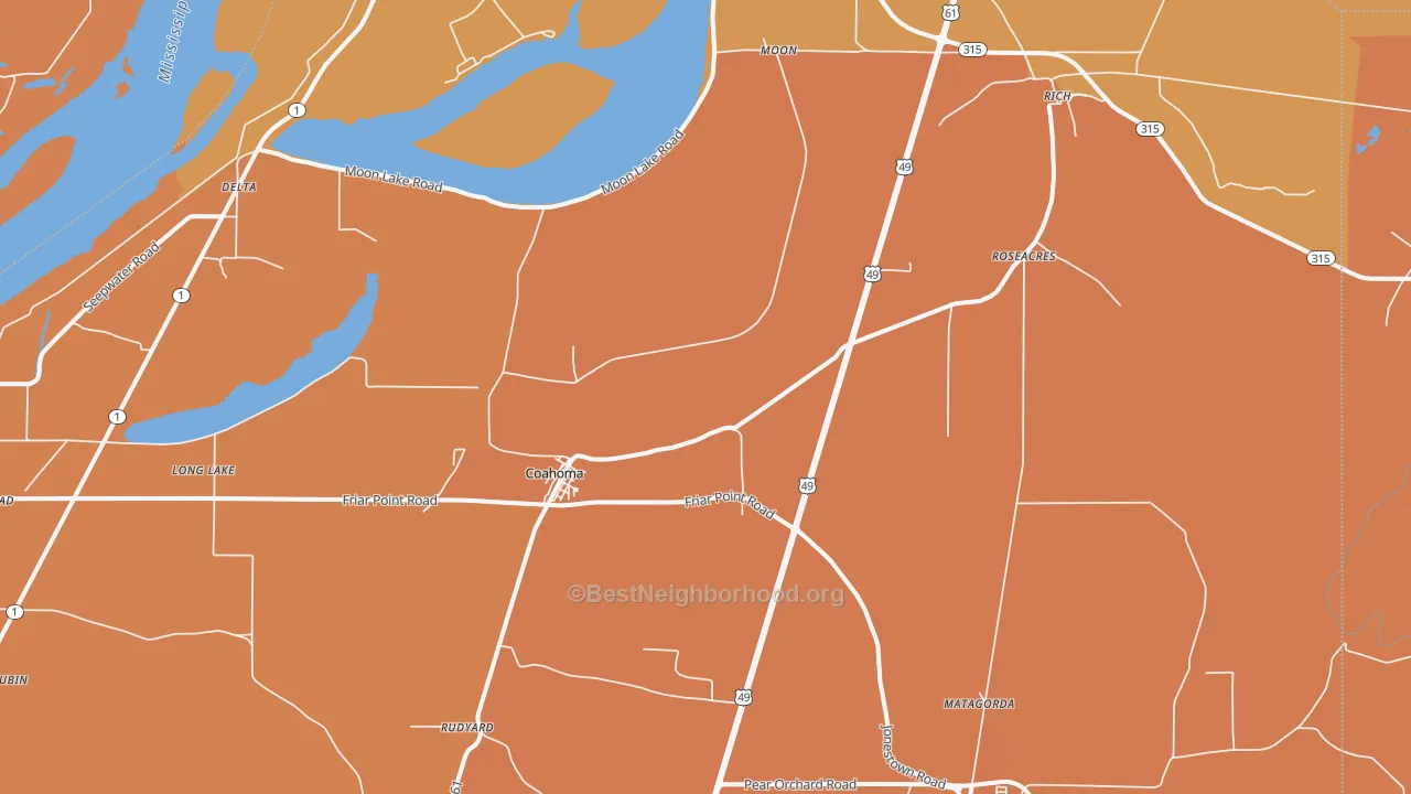Map of the best neighborhoods in the 38617 area, with better matches in green and worse matches in red