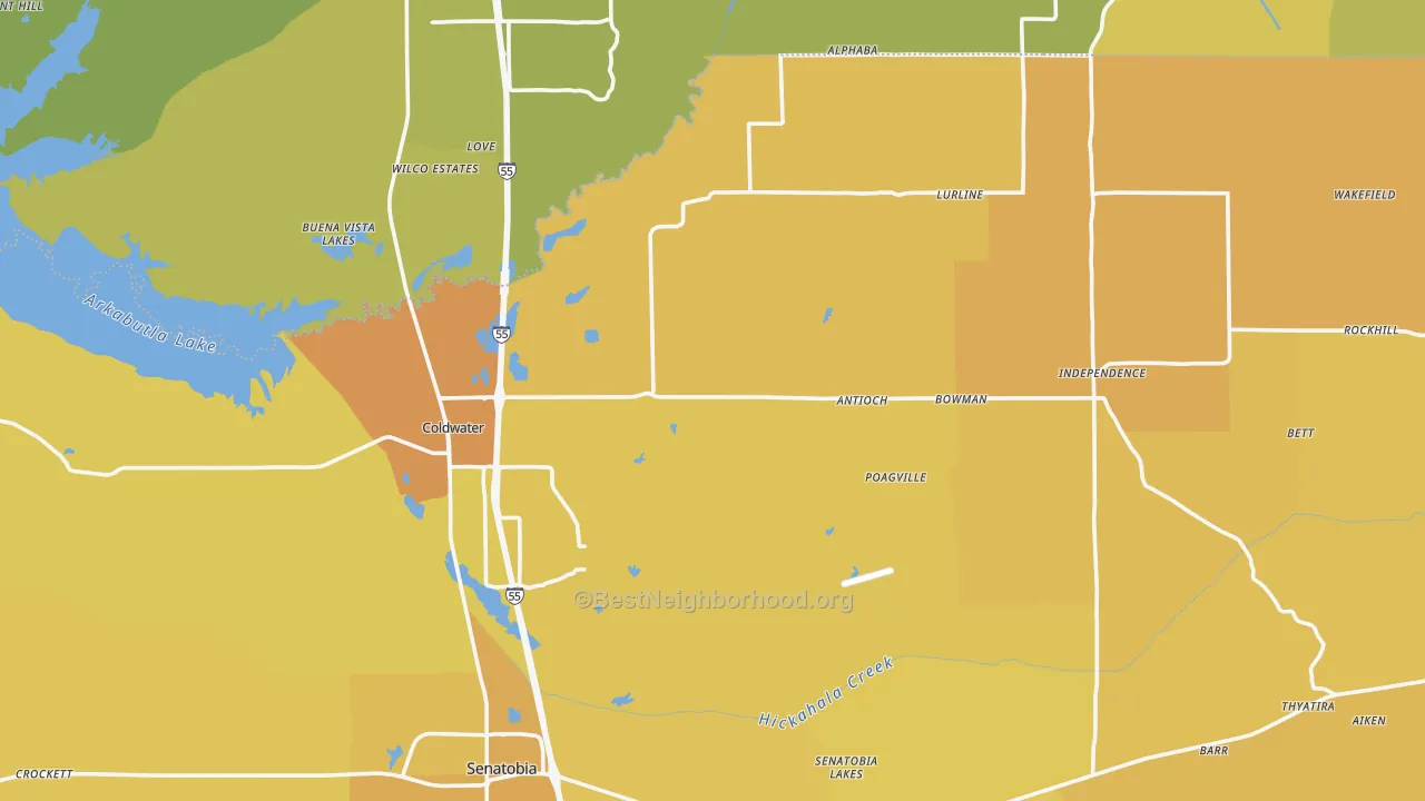 Map of the best neighborhoods in the 38618 area, with better matches in green and worse matches in red