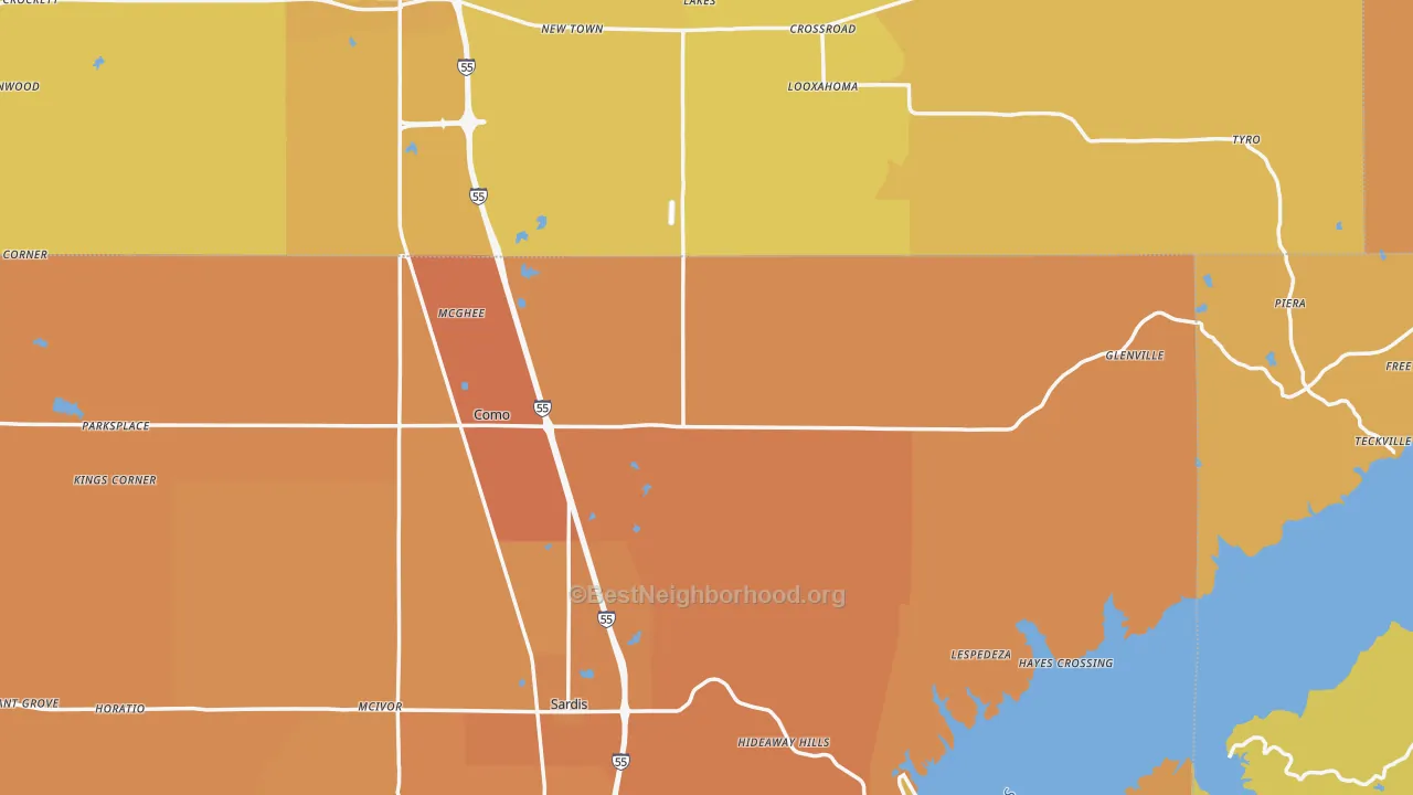 Map of the best neighborhoods in the 38619 area, with better matches in green and worse matches in red