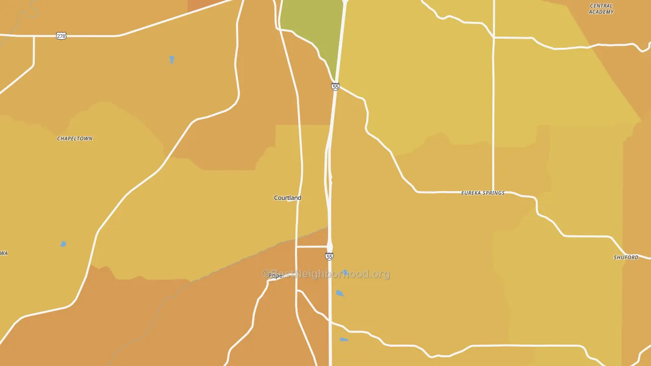 Map of the best neighborhoods in the 38620 area, with better matches in green and worse matches in red