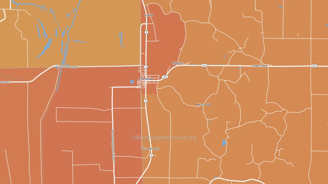 Map of the best neighborhoods in the 38621 area, with better matches in green and worse matches in red