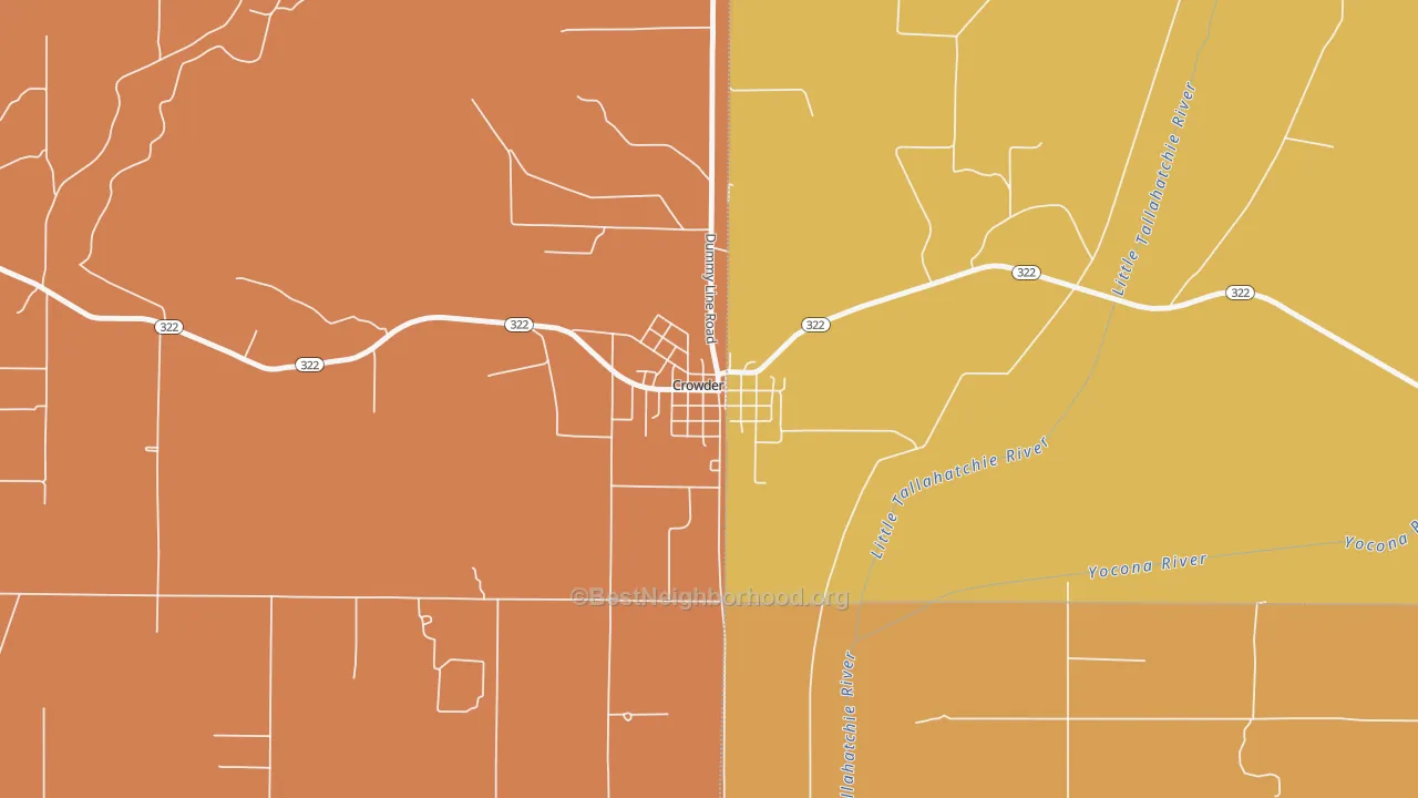 Map of the best neighborhoods in the 38622 area, with better matches in green and worse matches in red
