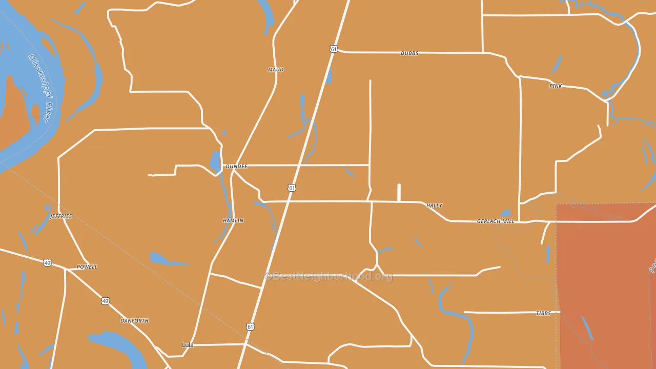 Map of the best neighborhoods in the 38626 area, with better matches in green and worse matches in red