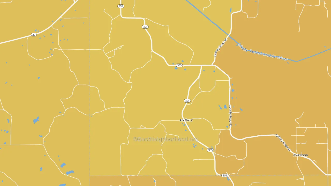 Map of the best neighborhoods in the 38627 area, with better matches in green and worse matches in red