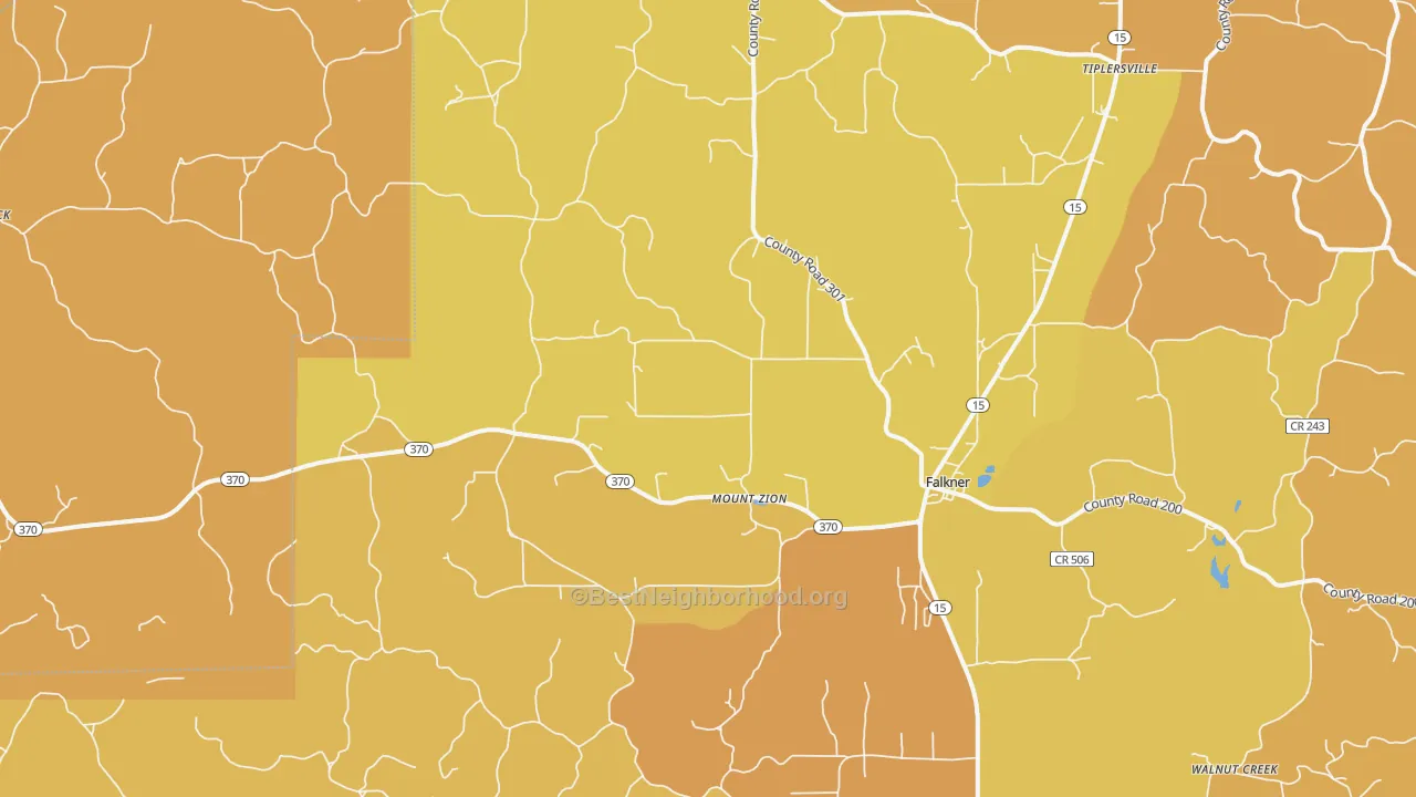 Map of the best neighborhoods in the 38629 area, with better matches in green and worse matches in red