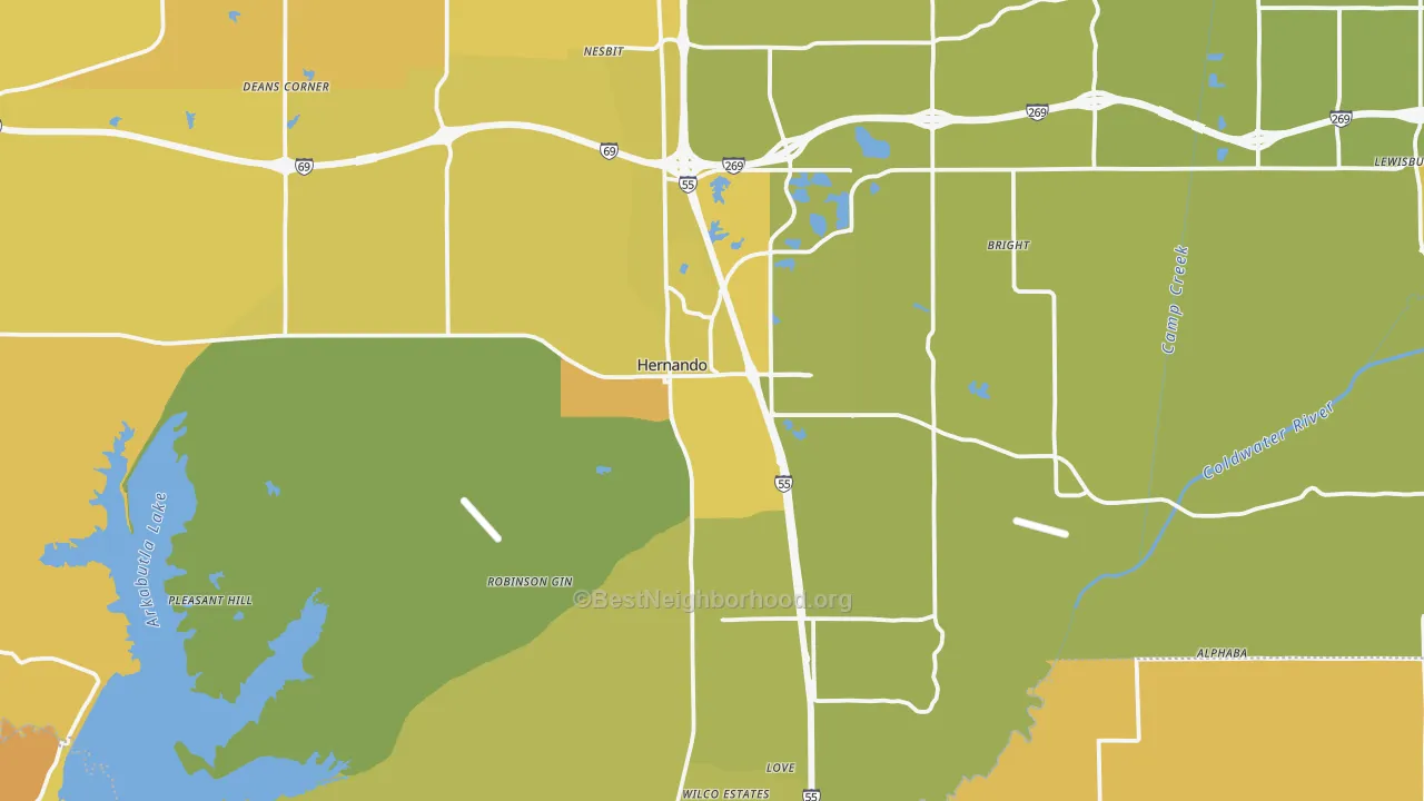 Map of the best neighborhoods in the 38632 area, with better matches in green and worse matches in red