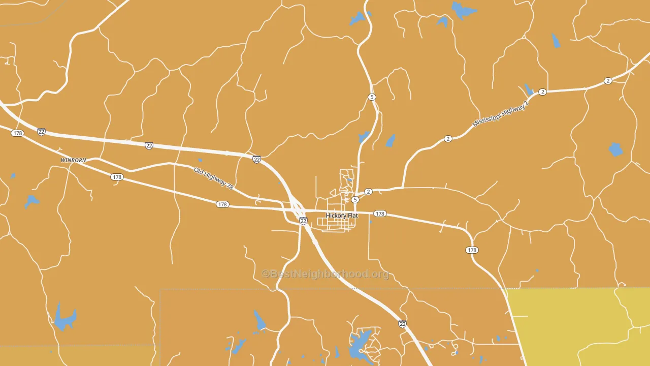 Map of the best neighborhoods in the 38633 area, with better matches in green and worse matches in red