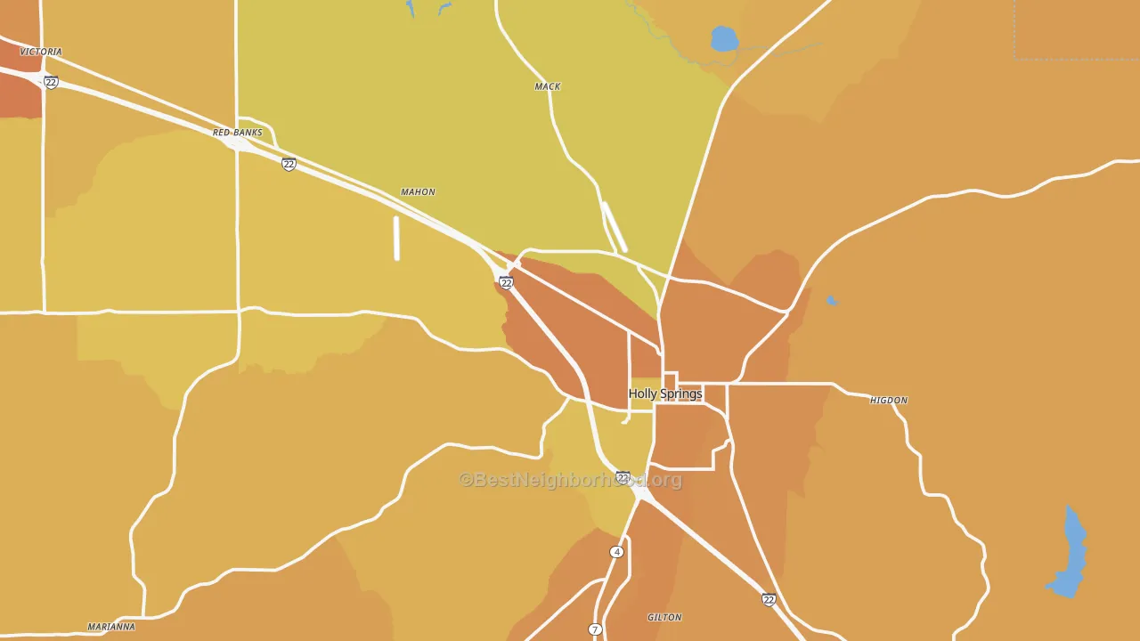 Map of the best neighborhoods in the 38635 area, with better matches in green and worse matches in red