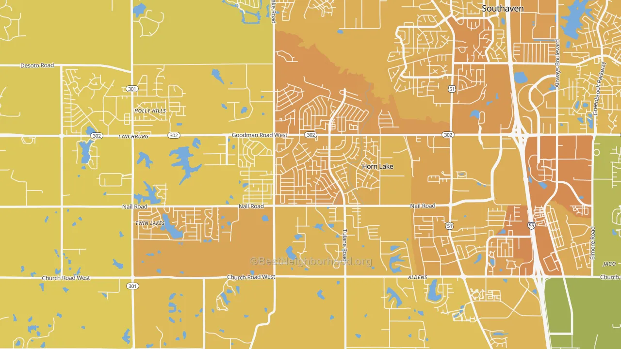 Map of the best neighborhoods in the 38637 area, with better matches in green and worse matches in red
