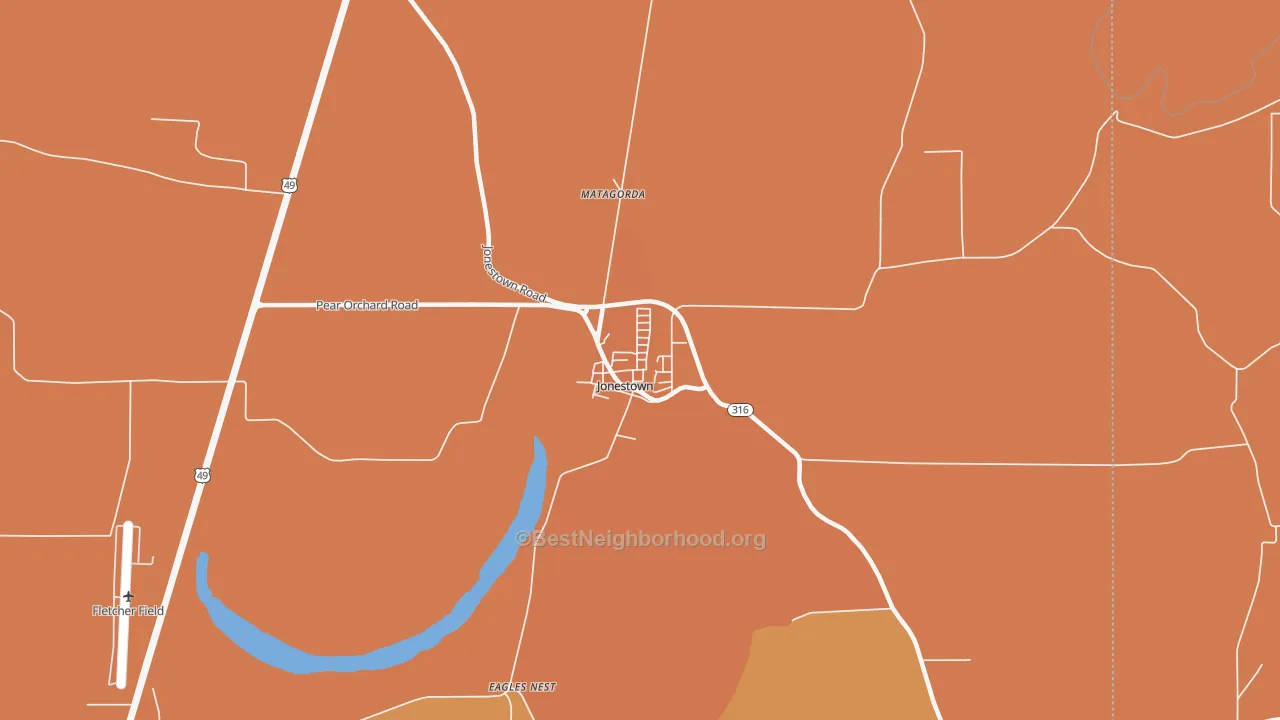 Map of the best neighborhoods in the 38639 area, with better matches in green and worse matches in red
