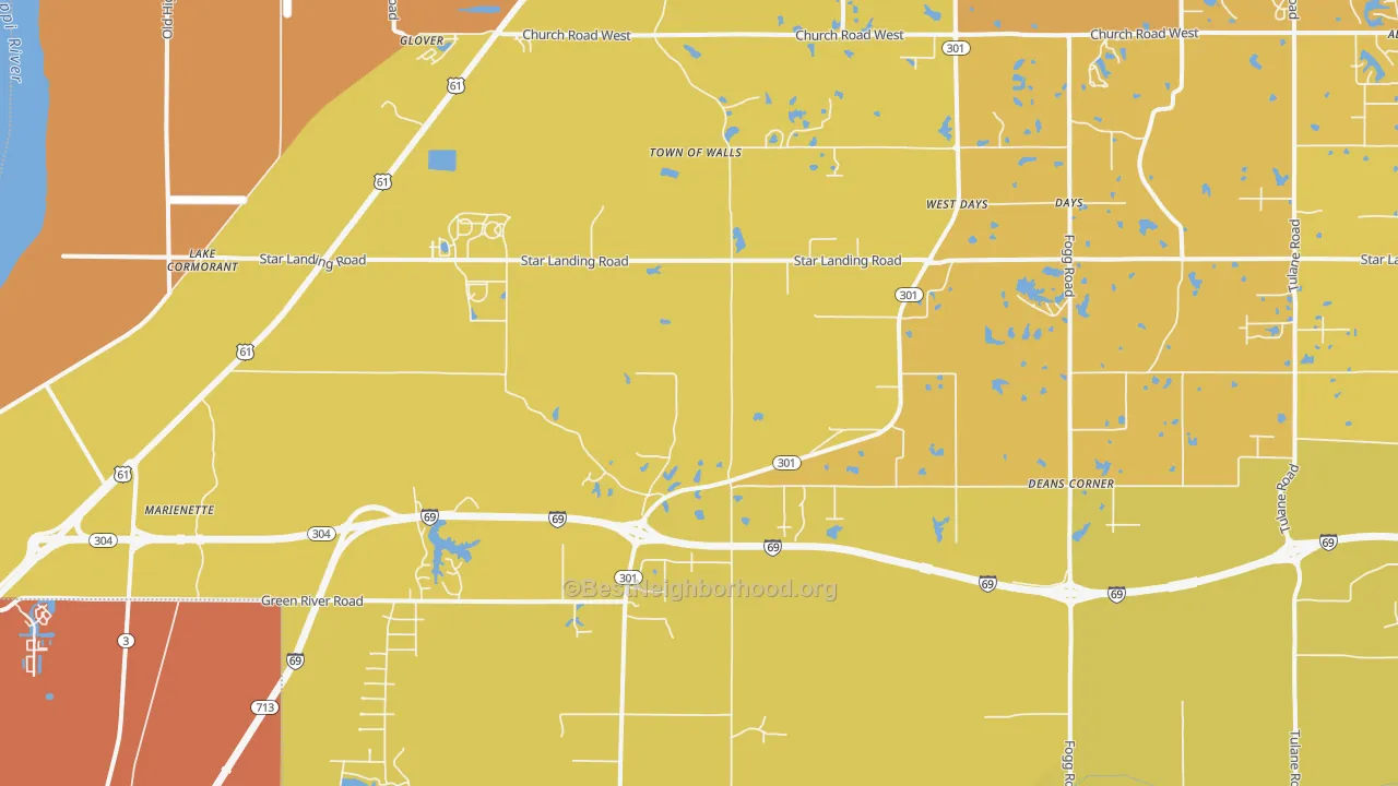 Map of the best neighborhoods in the 38641 area, with better matches in green and worse matches in red