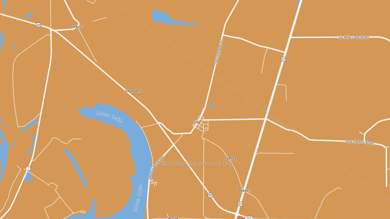 Map of the best neighborhoods in the 38644 area, with better matches in green and worse matches in red