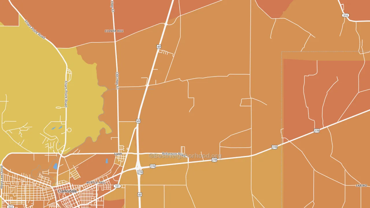 Map of the best neighborhoods in the 38645 area, with better matches in green and worse matches in red