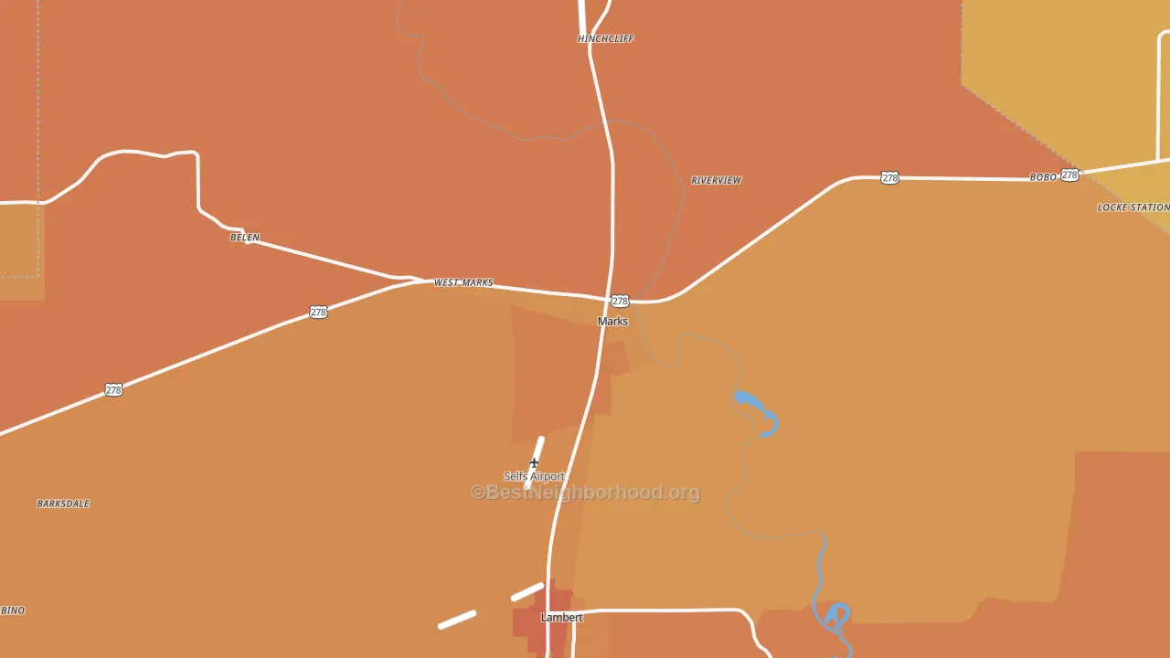 Map of the best neighborhoods in the 38646 area, with better matches in green and worse matches in red