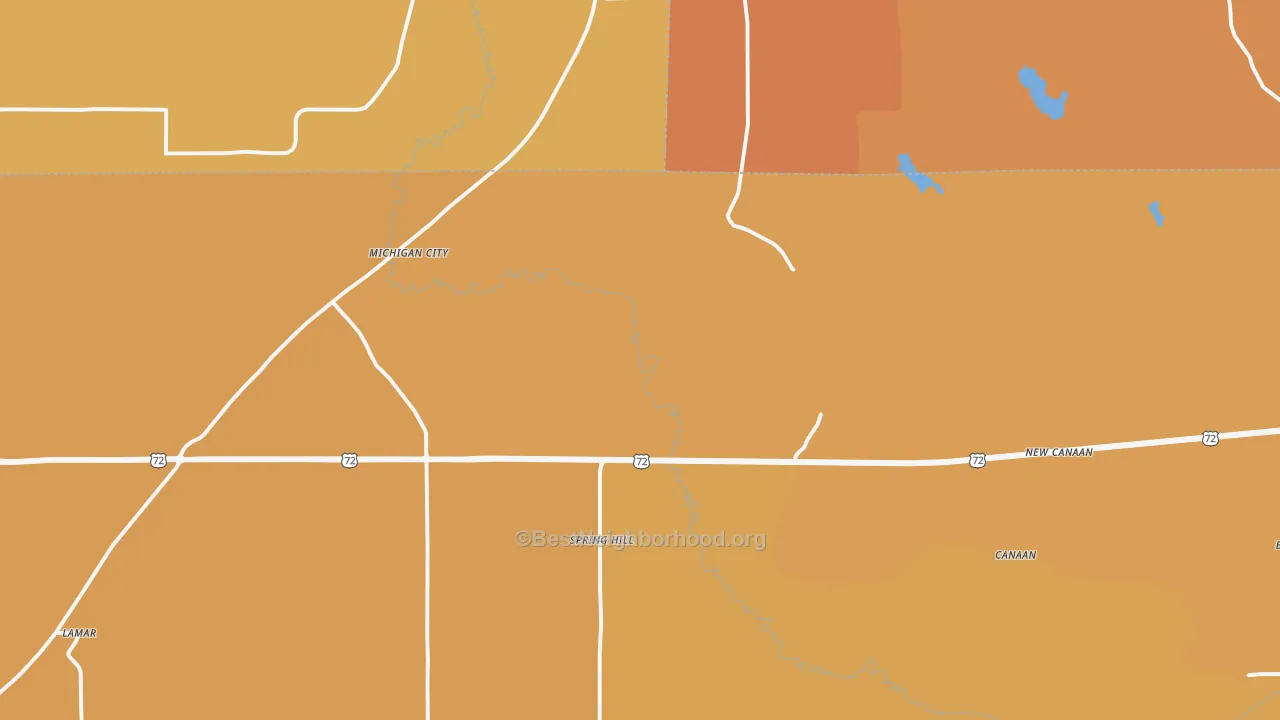Map of the best neighborhoods in the 38647 area, with better matches in green and worse matches in red