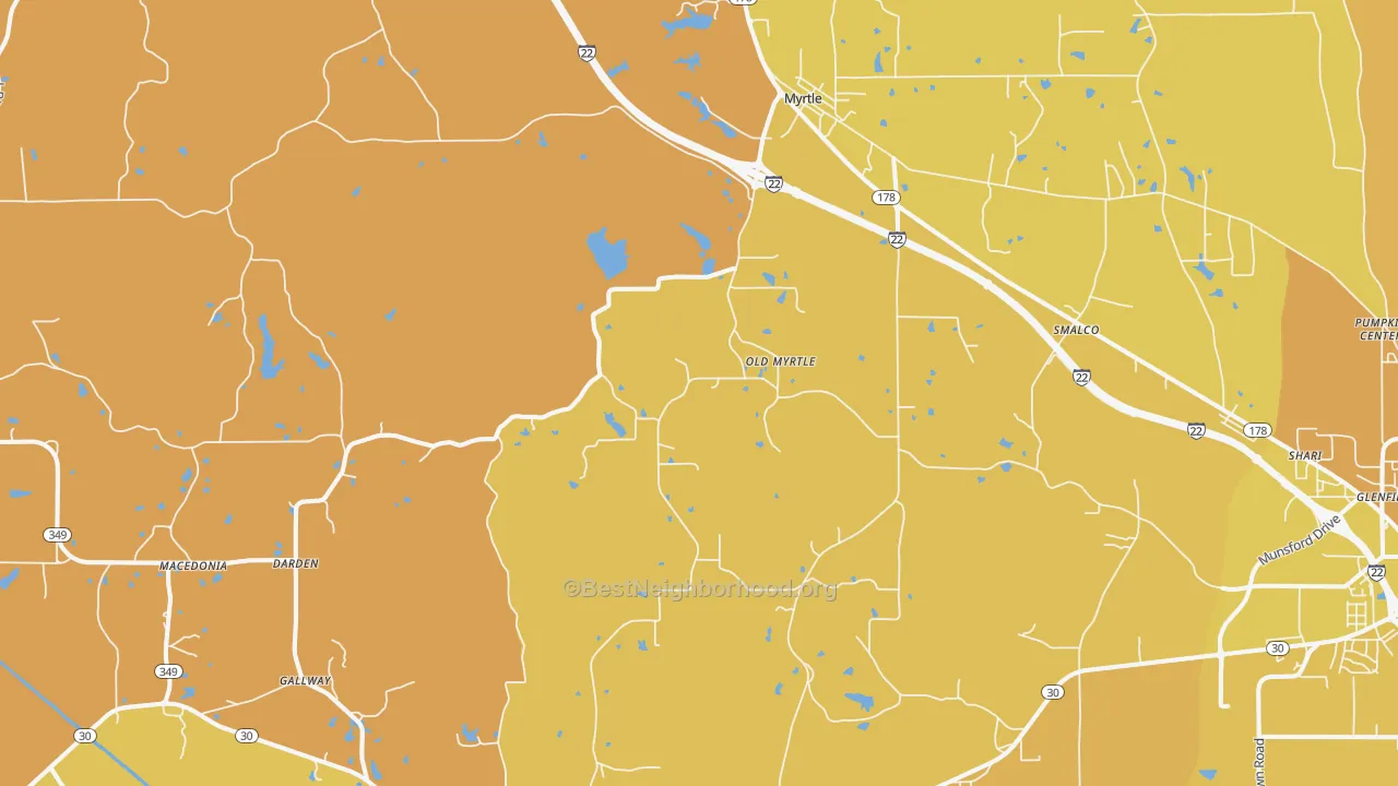 Map of the best neighborhoods in the 38650 area, with better matches in green and worse matches in red