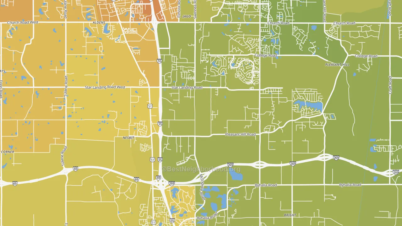 Map of the best neighborhoods in the 38651 area, with better matches in green and worse matches in red
