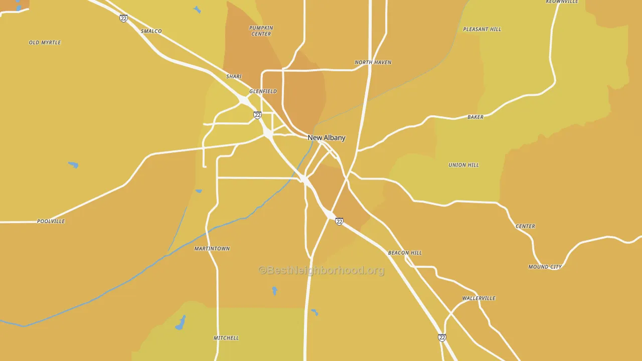Map of the best neighborhoods in the 38652 area, with better matches in green and worse matches in red