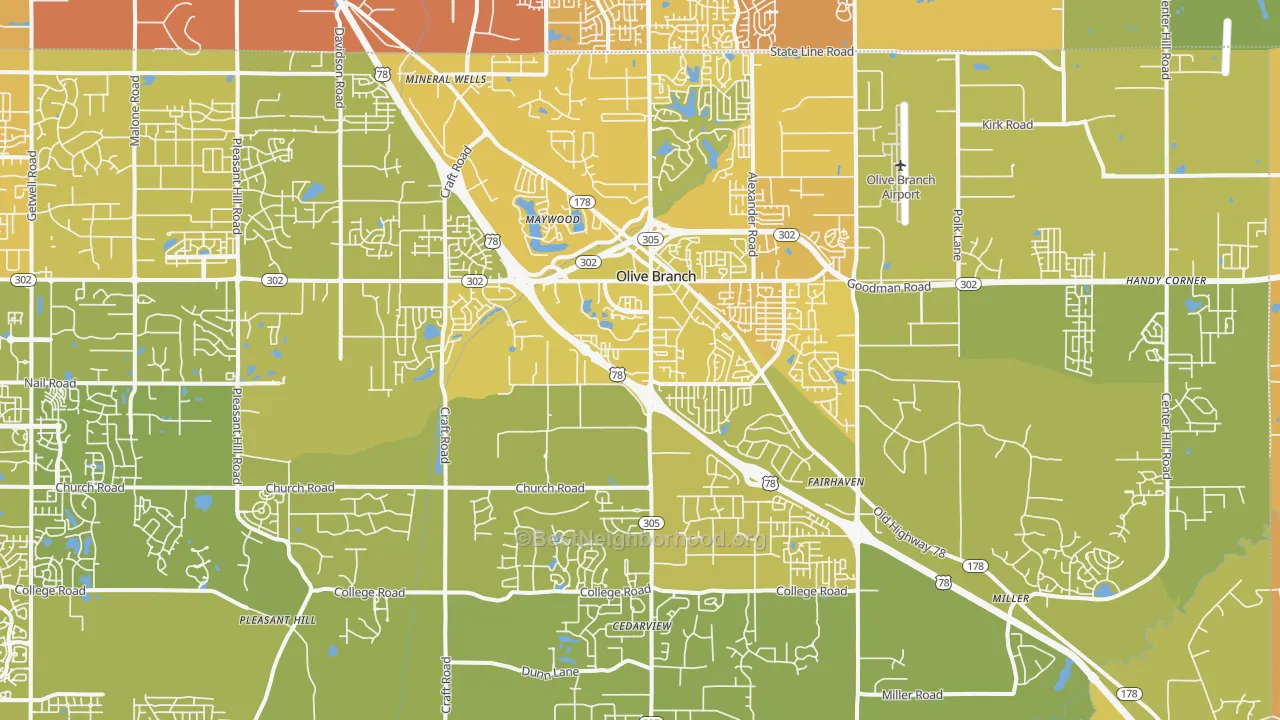 Map of the best neighborhoods in the 38654 area, with better matches in green and worse matches in red