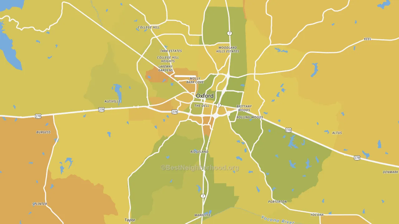 Map of the best neighborhoods in the 38655 area, with better matches in green and worse matches in red
