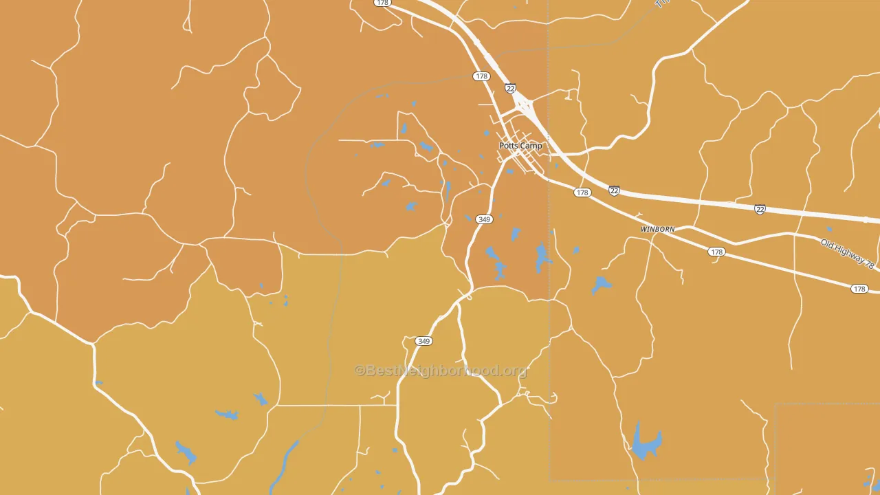 Map of the best neighborhoods in the 38659 area, with better matches in green and worse matches in red