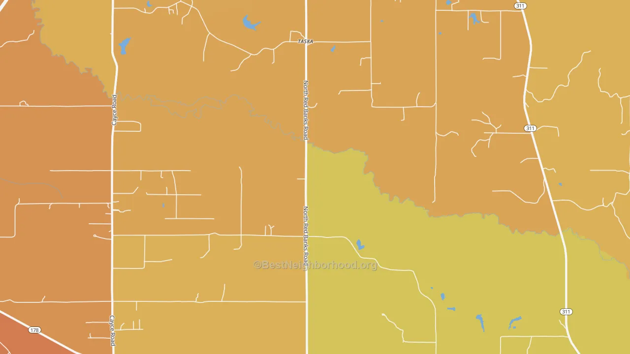 Map of the best neighborhoods in the 38661 area, with better matches in green and worse matches in red