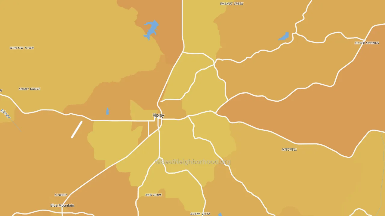 Map of the best neighborhoods in the 38663 area, with better matches in green and worse matches in red