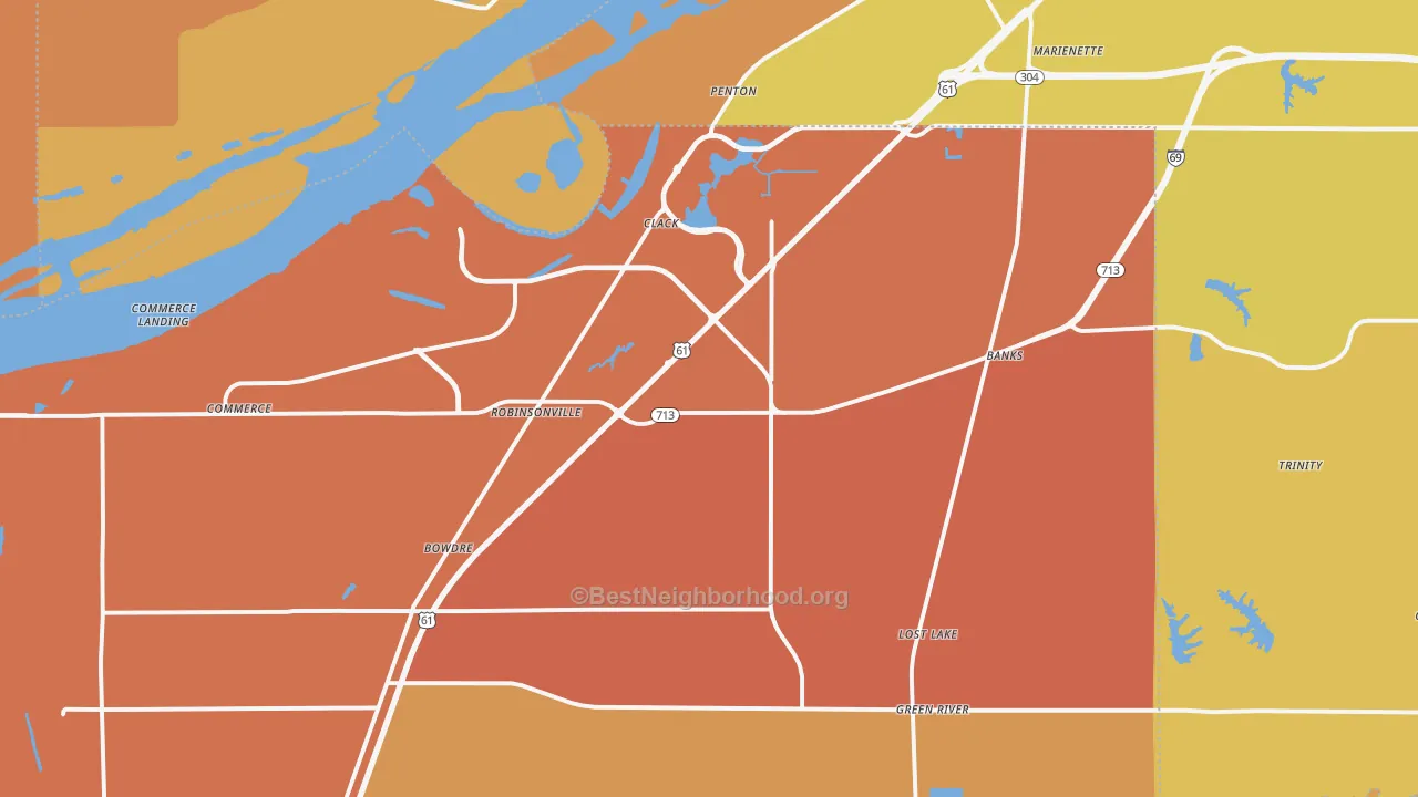 Map of the best neighborhoods in the 38664 area, with better matches in green and worse matches in red
