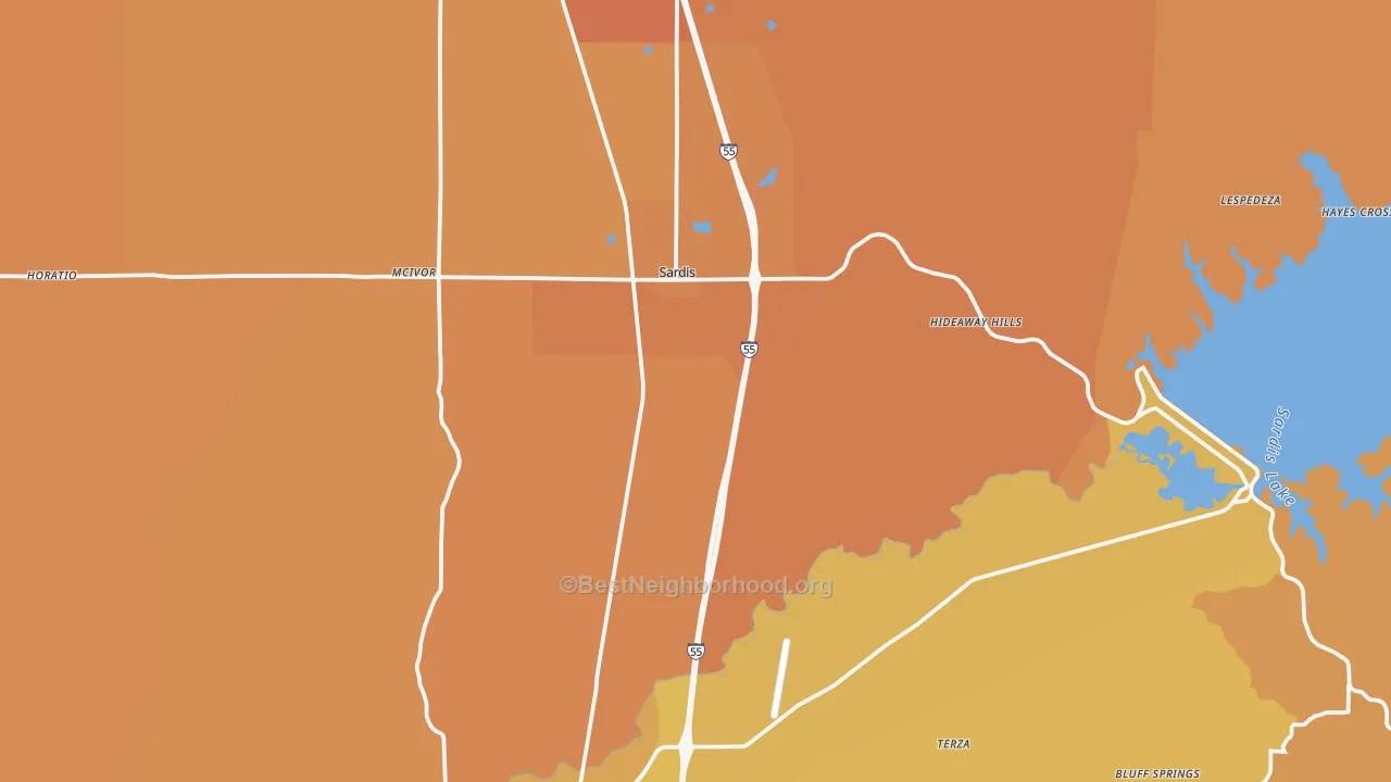 Map of the best neighborhoods in the 38666 area, with better matches in green and worse matches in red