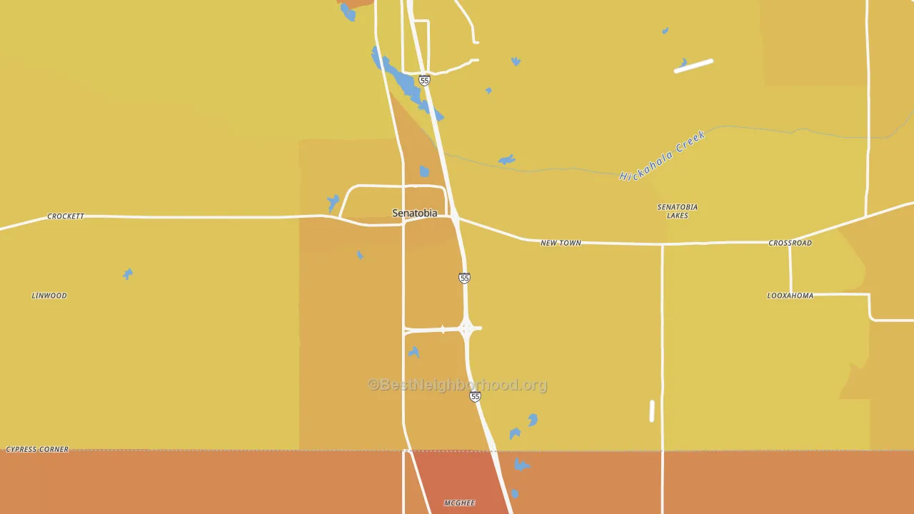 Map of the best neighborhoods in the 38668 area, with better matches in green and worse matches in red