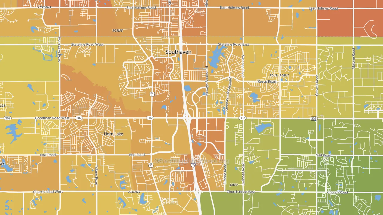 Map of the best neighborhoods in the 38671 area, with better matches in green and worse matches in red