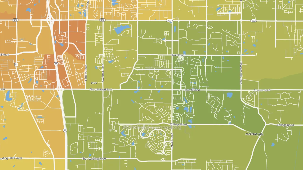 Map of the best neighborhoods in the 38672 area, with better matches in green and worse matches in red