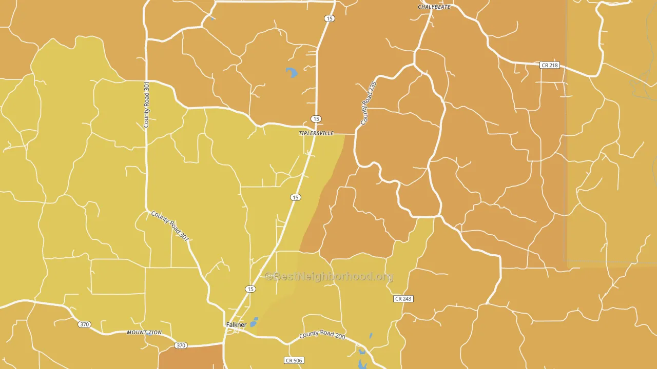 Map of the best neighborhoods in the 38674 area, with better matches in green and worse matches in red