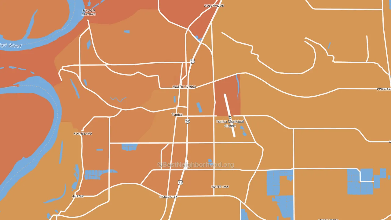 Map of the best neighborhoods in the 38676 area, with better matches in green and worse matches in red