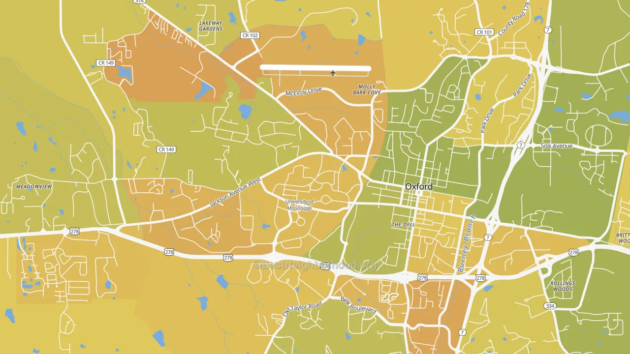 Map of the best neighborhoods in the 38677 area, with better matches in green and worse matches in red