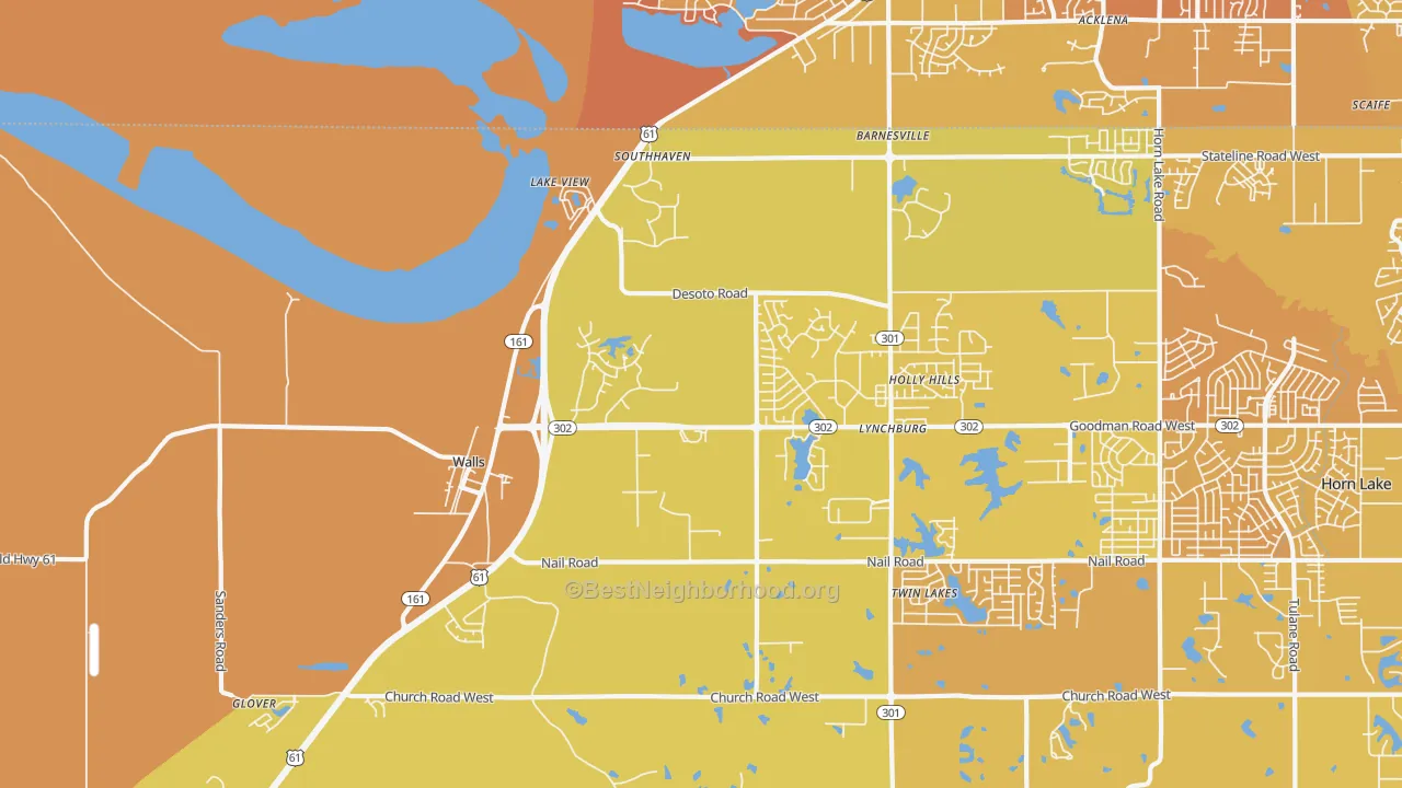 Map of the best neighborhoods in the 38680 area, with better matches in green and worse matches in red