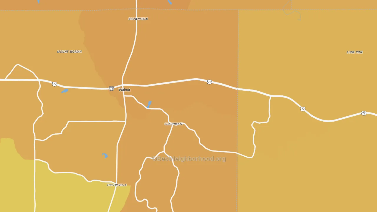 Map of the best neighborhoods in the 38683 area, with better matches in green and worse matches in red