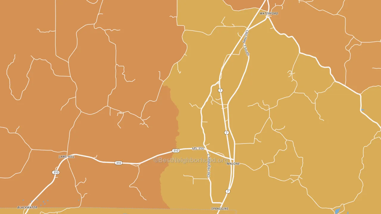 Map of the best neighborhoods in the 38685 area, with better matches in green and worse matches in red
