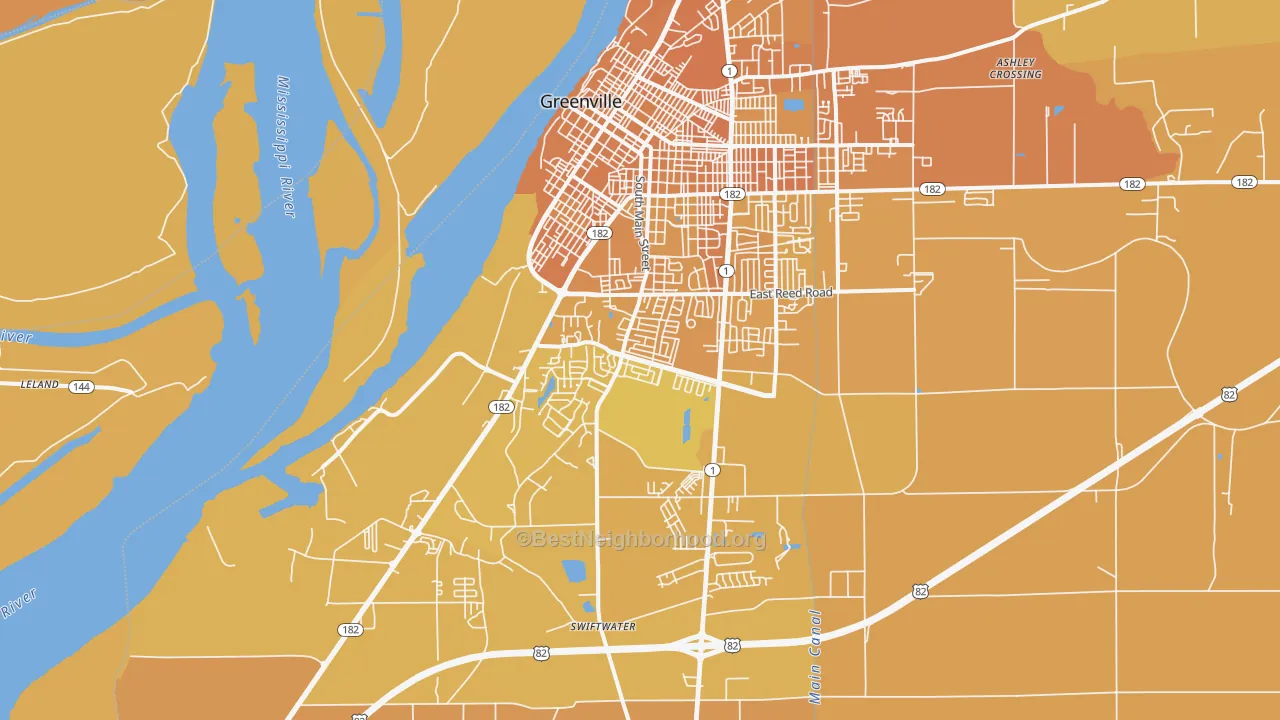 Map of the best neighborhoods in the 38701 area, with better matches in green and worse matches in red