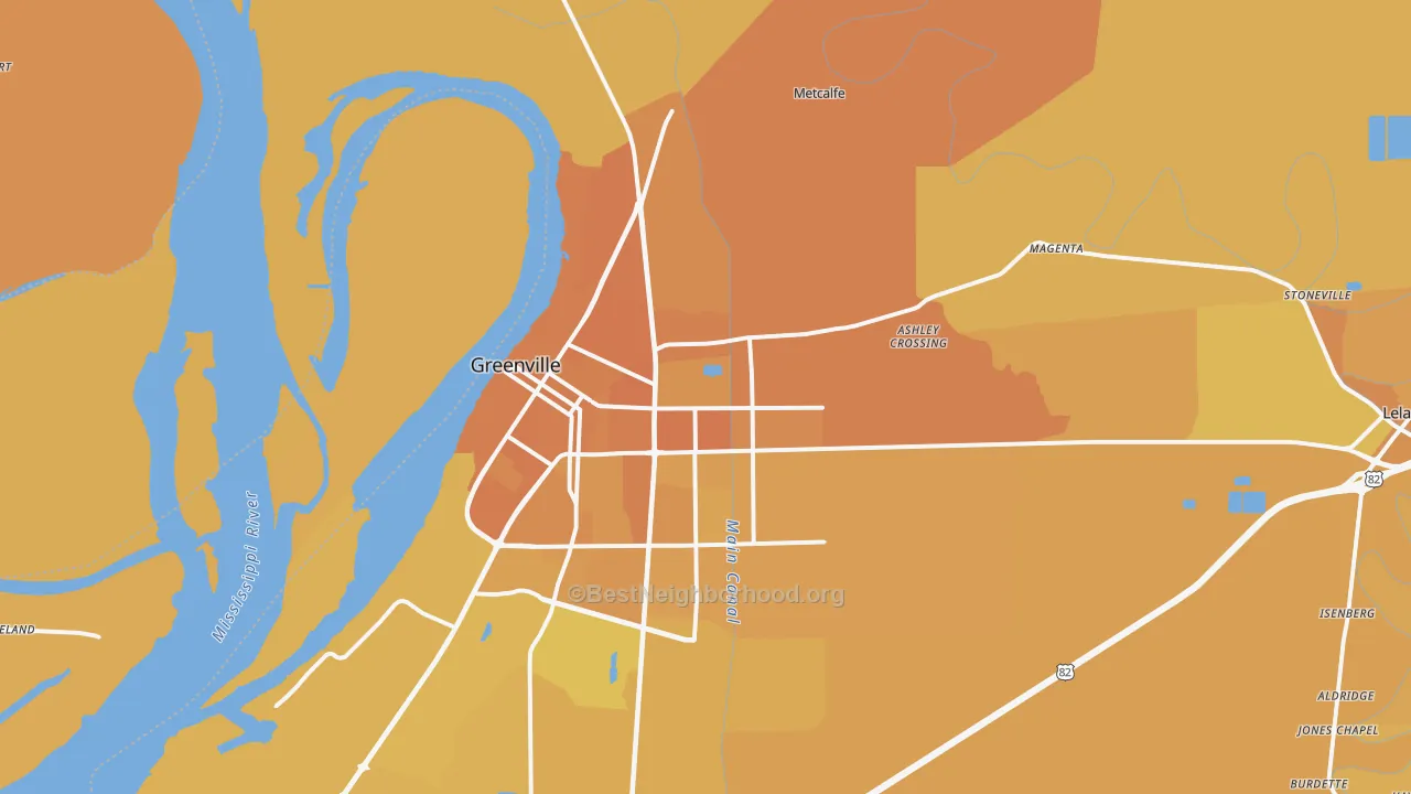 Map of the best neighborhoods in the 38703 area, with better matches in green and worse matches in red