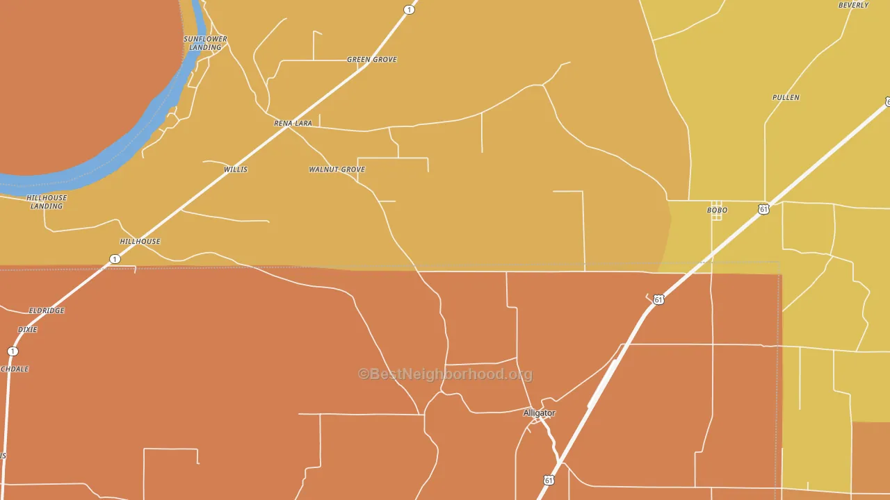 Map of the best neighborhoods in the 38720 area, with better matches in green and worse matches in red
