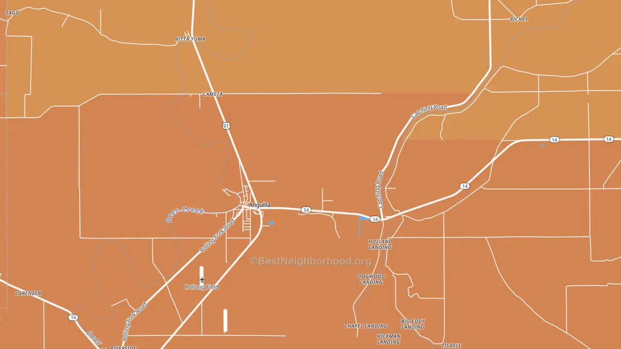 Map of the best neighborhoods in the 38721 area, with better matches in green and worse matches in red