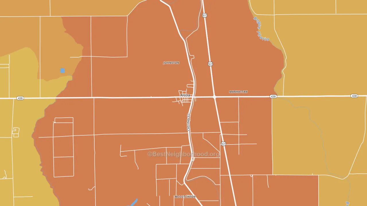 Map of the best neighborhoods in the 38722 area, with better matches in green and worse matches in red