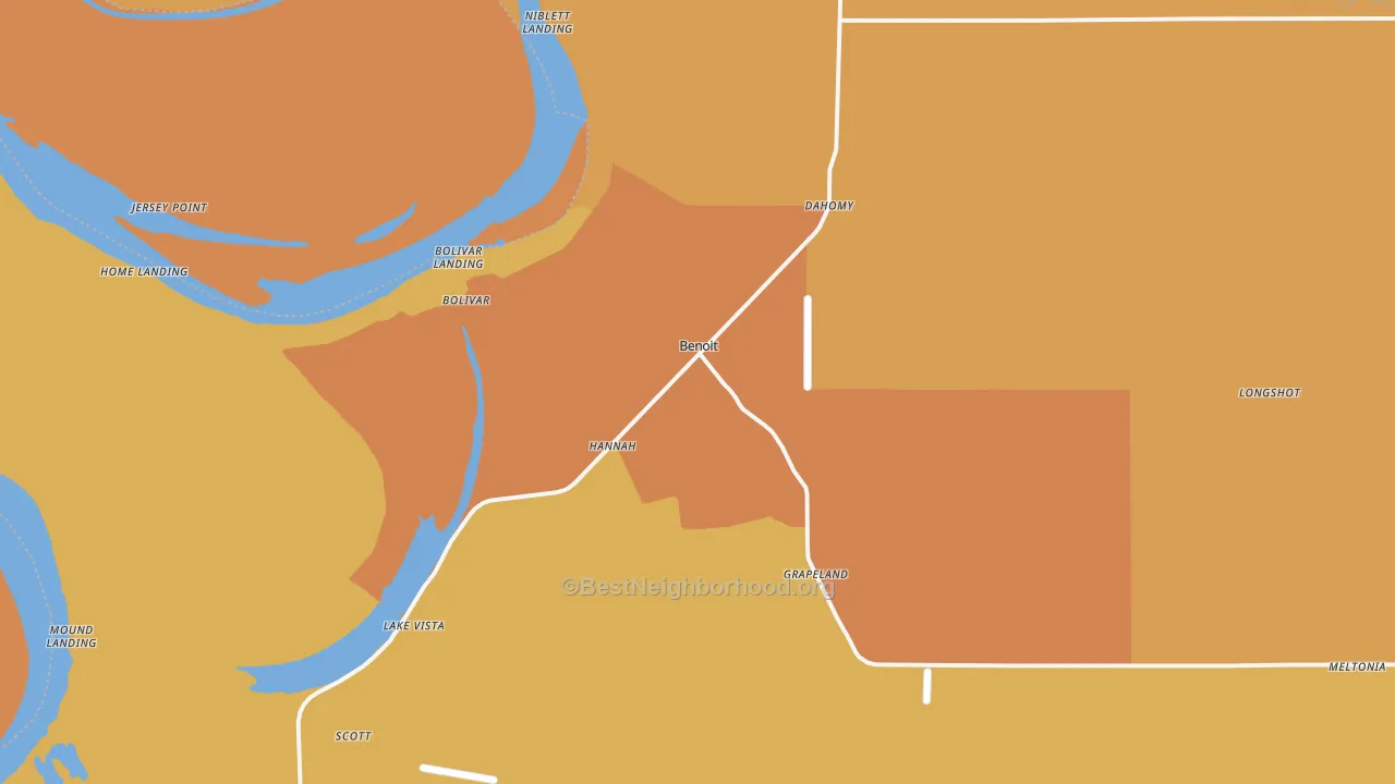 Map of the best neighborhoods in the 38725 area, with better matches in green and worse matches in red