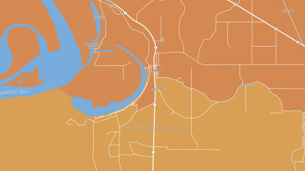 Map of the best neighborhoods in the 38726 area, with better matches in green and worse matches in red